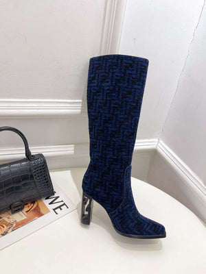 Fendi Women Shoes 8W8348AKXOF1GAA Cut High-heeled blue FF chenille boots 191943 - 35 - View 4