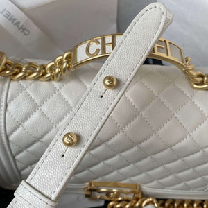 Chanel A94804 Boy Chanel Flap Bag With Handle Grained Shiny Calfskin Gold Tone Metal White - Default Title - View 6