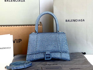 Balenciaga 59283328 Hourglass Top Handle in Blue Suede Calfskin with Rhinestones - Default Title - View 1