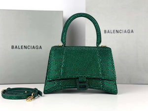 Balenciaga 59283328 Hourglass Top Handle in Dark Green Suede Calfskin with Rhinestones - Default Title - View 1