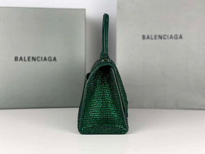 Balenciaga 59283328 Hourglass Top Handle in Dark Green Suede Calfskin with Rhinestones - Default Title - View 9