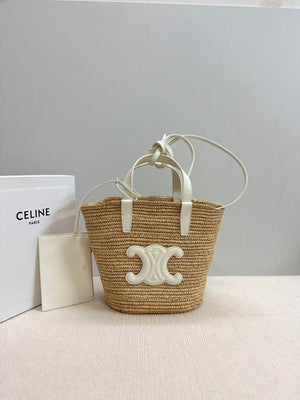 CELINE TEEN SUPPLE CELINE CLASSIC PANIER IN Raffia and calfskin 115802 Nature White - Default Title - View 1