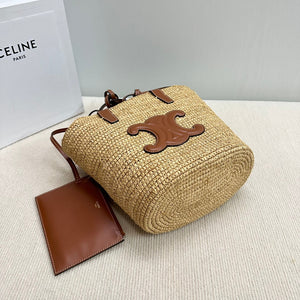 CELINE TEEN SUPPLE CELINE CLASSIC PANIER IN Raffia and calfskin 115802 Nature Brown - Default Title - View 4