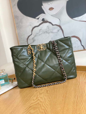 Chanel 19 Shopping Bag Shiny Lambskin AS3660 Gold-Tone Silver-Tone & Ruthenium-Finish Metal Dark Green - Default Title - View 1