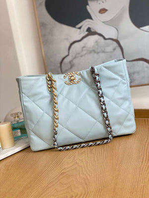 Chanel 19 Shopping Bag Shiny Lambskin AS3660 Gold-Tone Silver-Tone & Ruthenium-Finish Metal Light Blue - Default Title - View 1