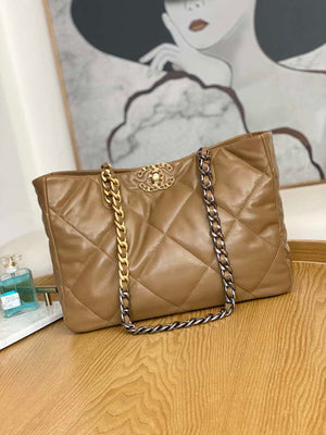 Chanel 19 Shopping Bag Shiny Lambskin AS3660 Gold-Tone Silver-Tone & Ruthenium-Finish Metal Tan - Default Title - View 1