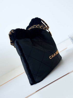 Chanel 22 AS3260 Small Handbag Black Calfskin wiht Black wool Gold - Default Title - View 1