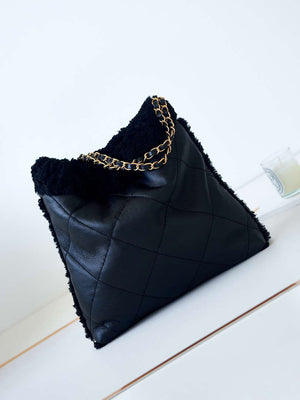 Chanel 22 AS3260 Small Handbag Black Calfskin wiht Black wool Gold - Default Title - View 3