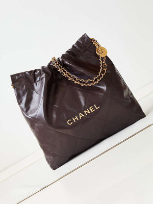 Chanel 22 AS3260 Small Handbag Shiny Calfskin Dark Brown - Default Title - View 1