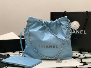 Chanel 22 AS3260 Small Handbag Shiny Calfskin Light Blue Silver - Default Title - View 3