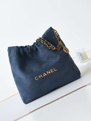 Chanel 22 AS3260 Small Handbag Velvet Navy Blue Gold - Default Title - View 1