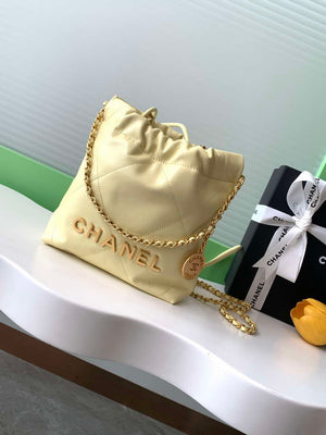 Chanel 22 AS3980 Mini Handbag 25C Shiny Calfskin & Gold -Tone Metal Light Yellow - Default Title - View 1