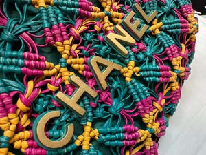 Chanel 22 AS3980 Mini Handbag Calfskin knotted lace and gold-tone metal Dark green & pink - Default Title - View 3