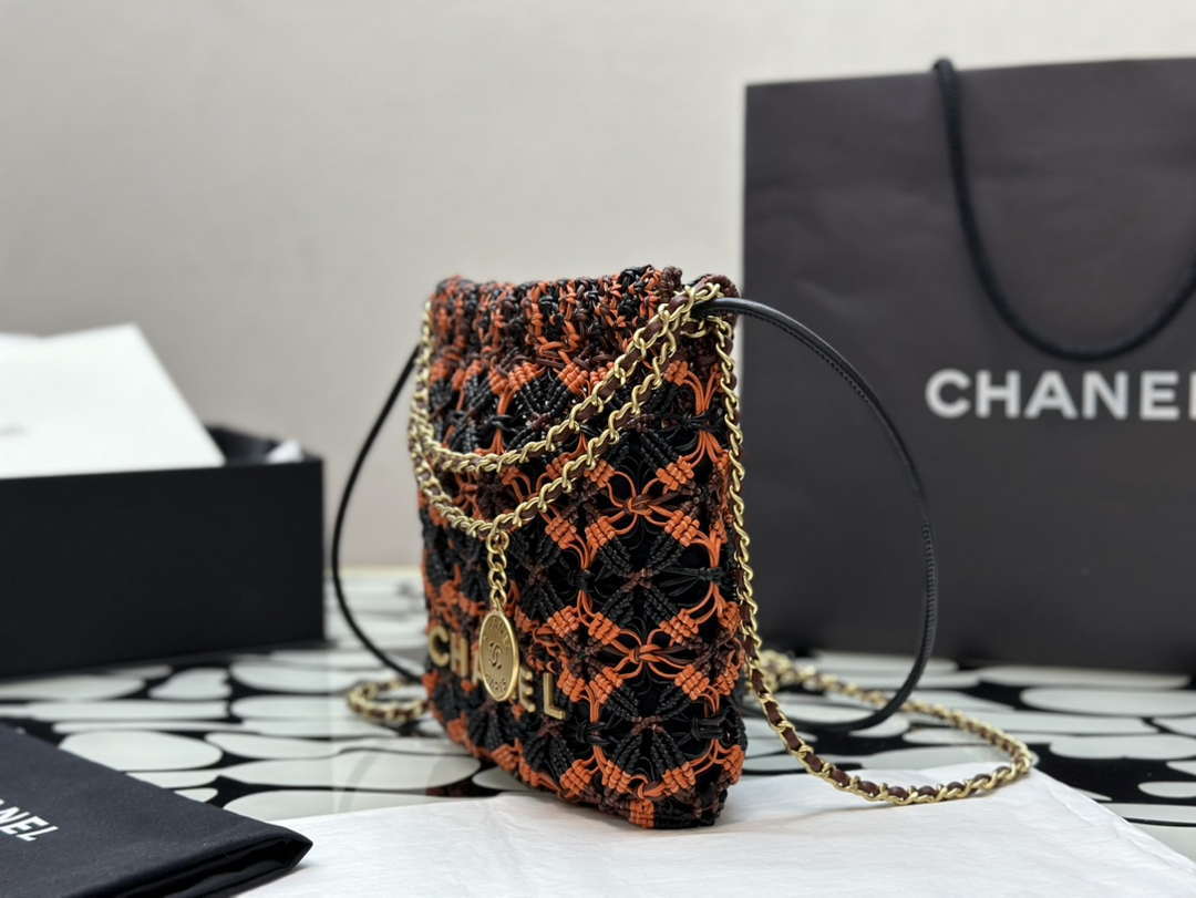 Chanel 22 AS3980 Mini Handbag Calfskin knotted lace and gold-tone metal Orange & black - Default Title - View 2