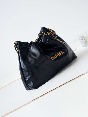 Chanel 22 Bag AS4486 Small Handbag Shiny Calfskin Black With Gold - Default Title - View 2