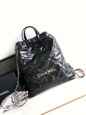 Chanel 22 Backpack AS3859 Shiny Black Calfskin With Sliver Logo - Default Title - View 1