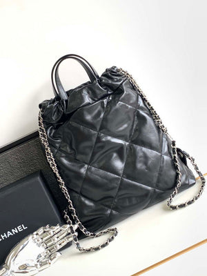 Chanel 22 Backpack AS3859 Shiny Black Calfskin With Sliver Logo - Default Title - View 3
