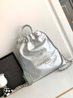 Chanel 22 Backpack AS3859 Shiny Silver Calfskin With Sliver Logo - Default Title - View 1