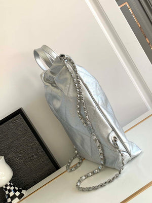 Chanel 22 Backpack AS3859 Shiny Silver Calfskin With Sliver Logo - Default Title - View 2