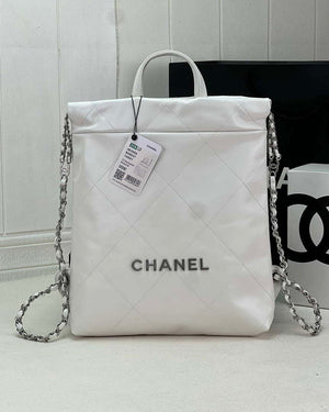 Chanel 22 Backpack AS3859 Shiny White Calfskin With Silver - Default Title - View 1