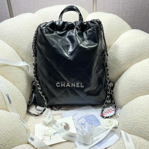 Chanel 22 Backpack Shiny Calfskin AS3313 Black With Sliver Logo - Default Title - View 1