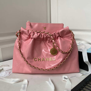 Chanel 22 Bag AS4486 Handbag Shiny Calfskin Pink With Gold - Default Title - View 1