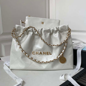 Chanel 22 Bag AS4486 Handbag Shiny Calfskin White With Gold - Default Title - View 1