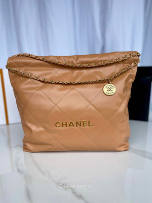 Chanel 22 Handbag AS3261 Shiny Calfskin Gold-Tone Metal Camel - Default Title - View 1