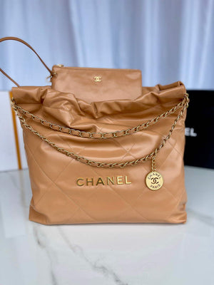 Chanel 22 Handbag AS3261 Shiny Calfskin Gold-Tone Metal Camel - Default Title - View 3