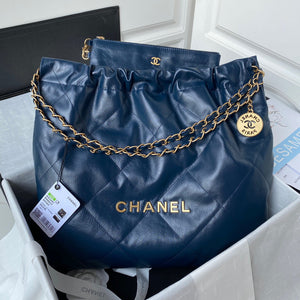 Chanel 22 Handbag AS3261 Shiny Calfskin Gold-Tone Metal Navy Blue - Default Title - View 1