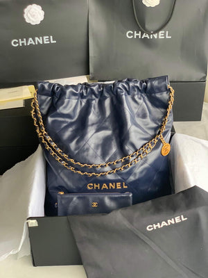 Chanel 22 Large Handbag Shiny Calfskin Gold-Tone Metal AS3262 Navy Blue - Default Title - View 1