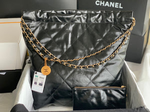 Chanel 22 Large Handbag Shiny Calfskin Lacquered Metal AS3262 Black Logo White - Default Title - View 5