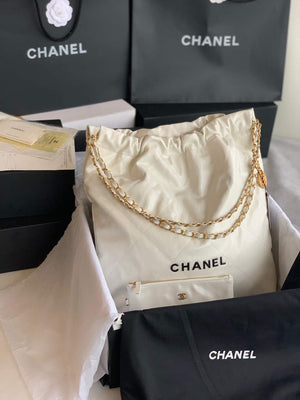 Chanel 22 Large Handbag Shiny Calfskin Lacquered Metal AS3262 White Logo Black - Default Title - View 2