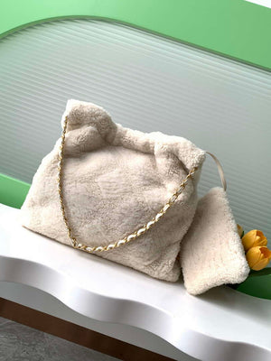 Chanel 22 Handbag Sheep wool & Gold-Tone Metal AS3261 Beige - Default Title - View 3