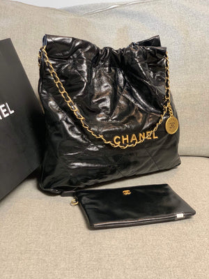 Chanel 22 Handbag Shiny Calfskin Gold AS3261 Black - Default Title - View 1