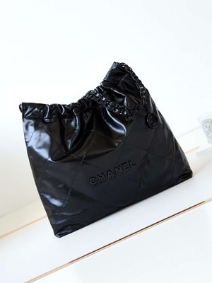 Chanel 22 Handbag Shiny Calfskin Gold AS3261 Black with Black Logo - Default Title - View 1