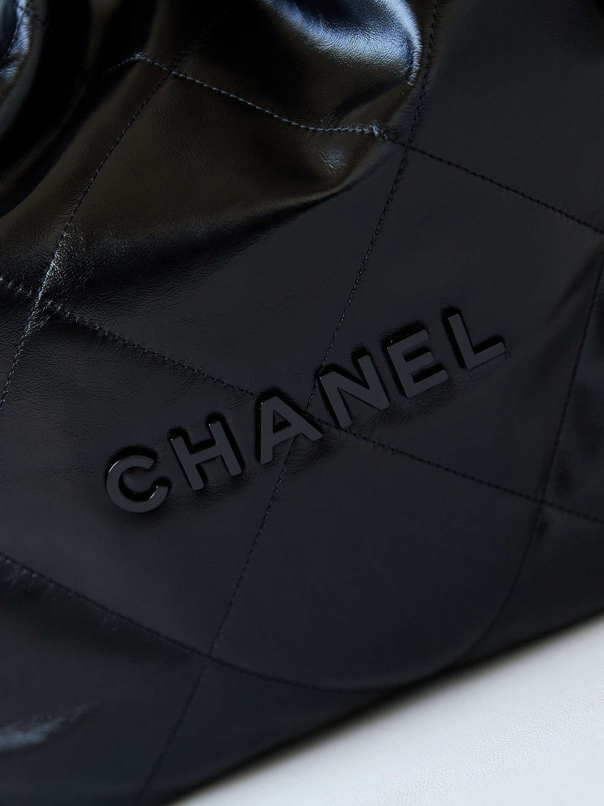 Chanel 22 Handbag Shiny Calfskin Gold AS3261 Black with Black Logo - Default Title - View 2