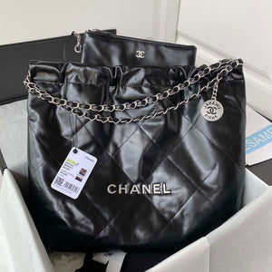 Chanel 22 Handbag Shiny Calfskin Gold AS3261 Black with Silver Logo - Default Title - View 1