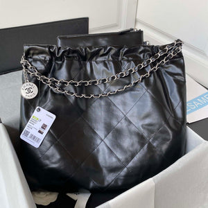 Chanel 22 Handbag Shiny Calfskin Gold AS3261 Black with Silver Logo - Default Title - View 2