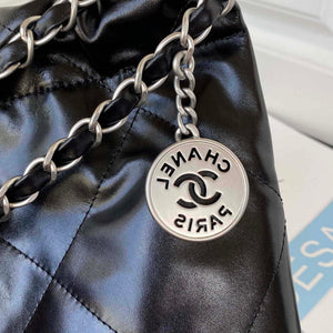 Chanel 22 Handbag Shiny Calfskin Gold AS3261 Black with Silver Logo - Default Title - View 3