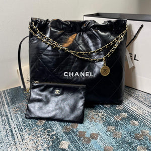 Chanel 22 Handbag Shiny Calfskin Gold AS3261 Black with white logo - Default Title - View 1