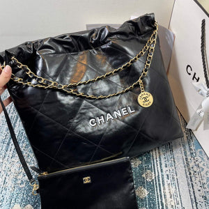 Chanel 22 Handbag Shiny Calfskin Gold AS3261 Black with white logo - Default Title - View 2