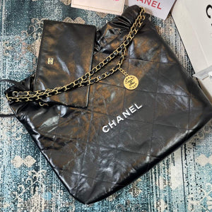 Chanel 22 Handbag Shiny Calfskin Gold AS3261 Black with white logo - Default Title - View 5