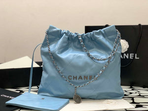 Chanel 22 Handbag Shiny Calfskin Gold AS3261 Light Blue Silver - Default Title - View 2