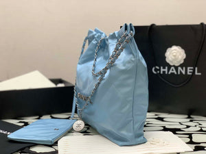 Chanel 22 Handbag Shiny Calfskin Gold AS3261 Light Blue Silver - Default Title - View 4