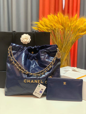 Chanel 22 Handbag Shiny Calfskin Gold AS3261 Navy Blue - Default Title - View 1