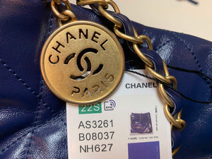 Chanel 22 Handbag Shiny Calfskin Gold AS3261 Navy Blue - Default Title - View 3