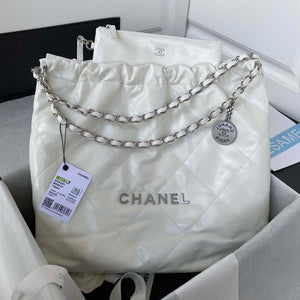 Chanel 22 Handbag Shiny Calfskin Gold AS3261 White with Silver Logo - Default Title - View 1