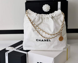 Chanel 22 Handbag Shiny Calfskin Gold AS3261 White with Black logo - Default Title - View 1