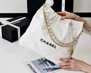 Chanel 22 Handbag Shiny Calfskin Gold AS3261 White with Black logo - Default Title - View 2